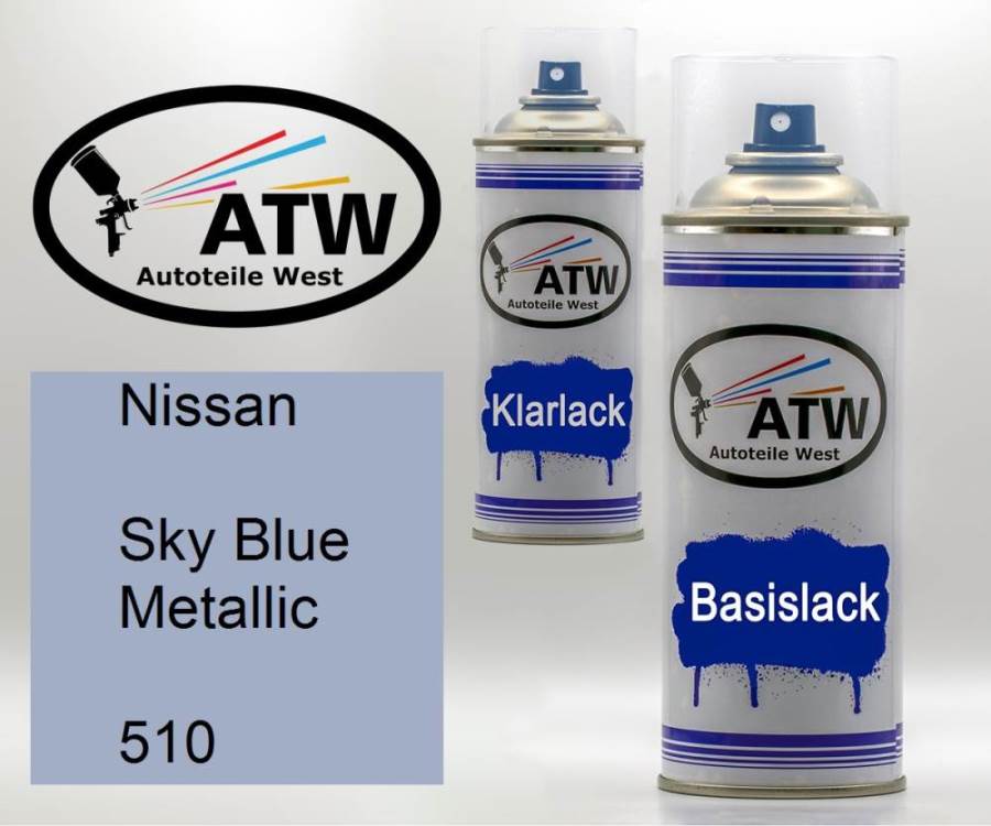 Nissan, Sky Blue Metallic, 510: 400ml Sprühdose + 400ml Klarlack - Set, von ATW Autoteile West.